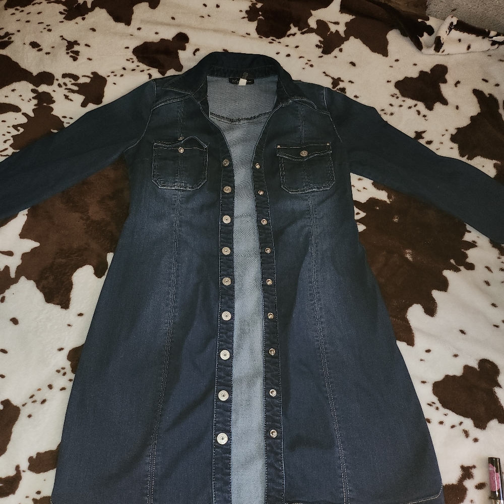 long button-up jean jacket